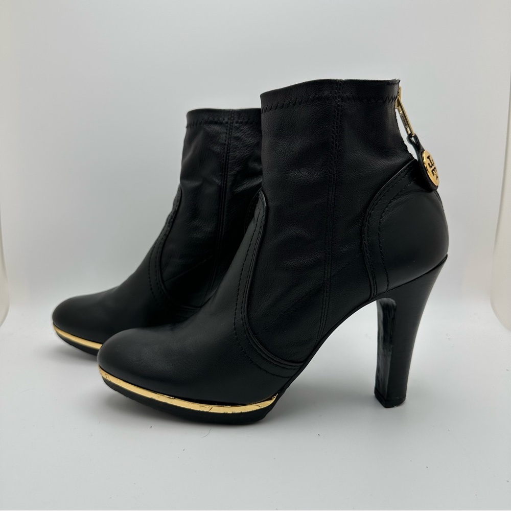 Tory Burch Size 6.5 Black Leather Ankle Boots Booties Gold Trim Back Zip witchy - Picture 5 of 11